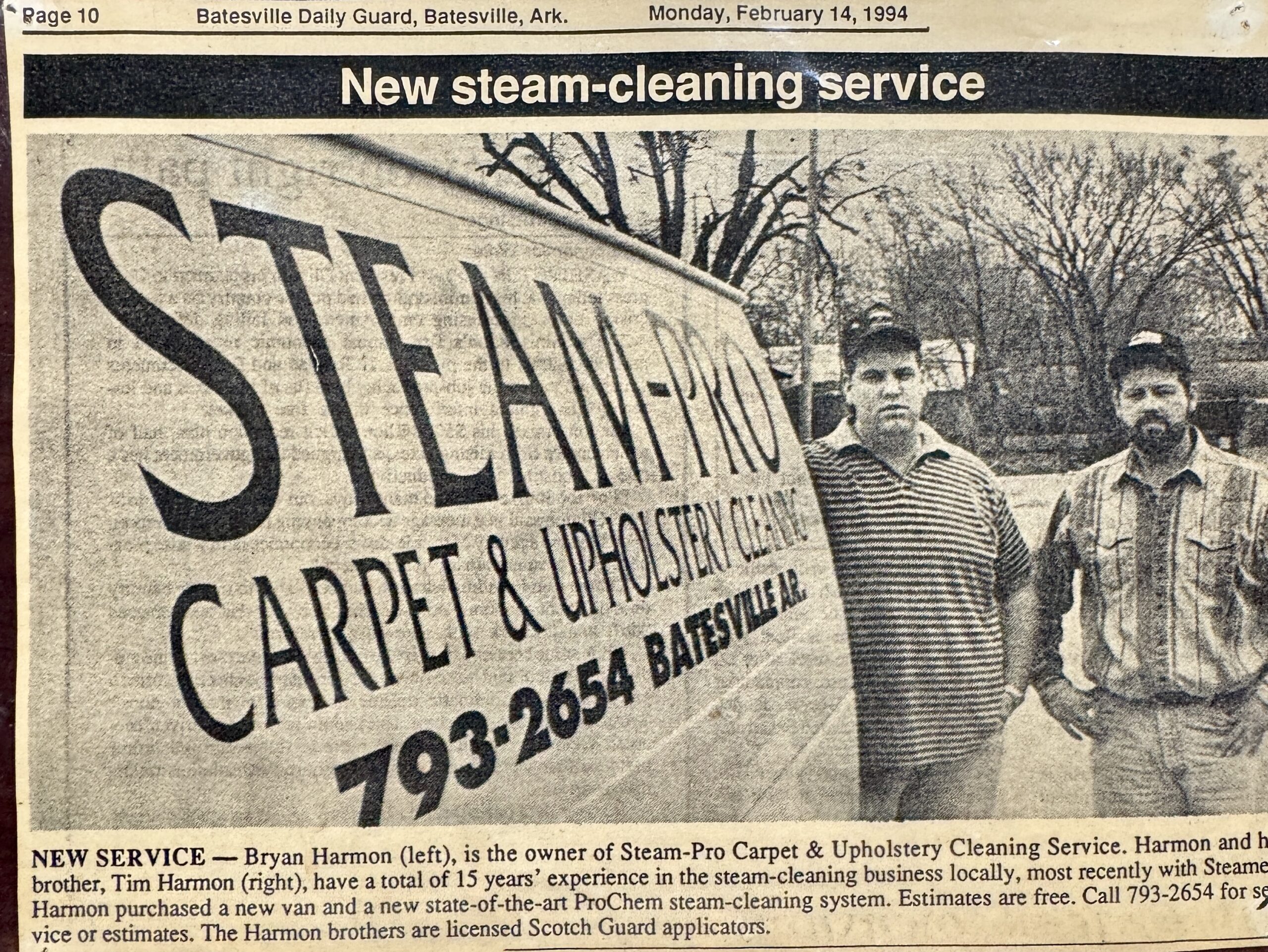 SteamPro founding 1994 — Batesville Daily Guard article featuring Bryan and Tim Harmon with the original Steam-Pro van