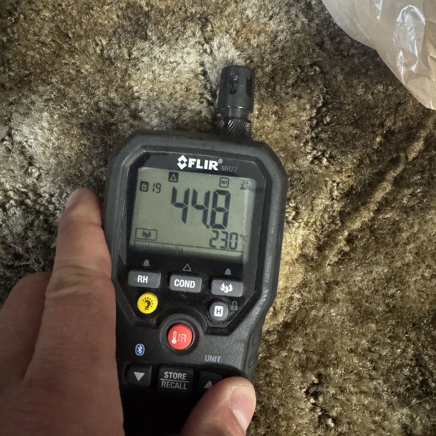 Moisture meter held over wet carpet, reading 44.8